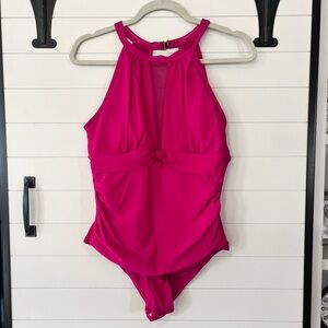 Women’s Pink One Piece Bathing Suit Large Mesh Ruching High Neck Swimsuit Beach